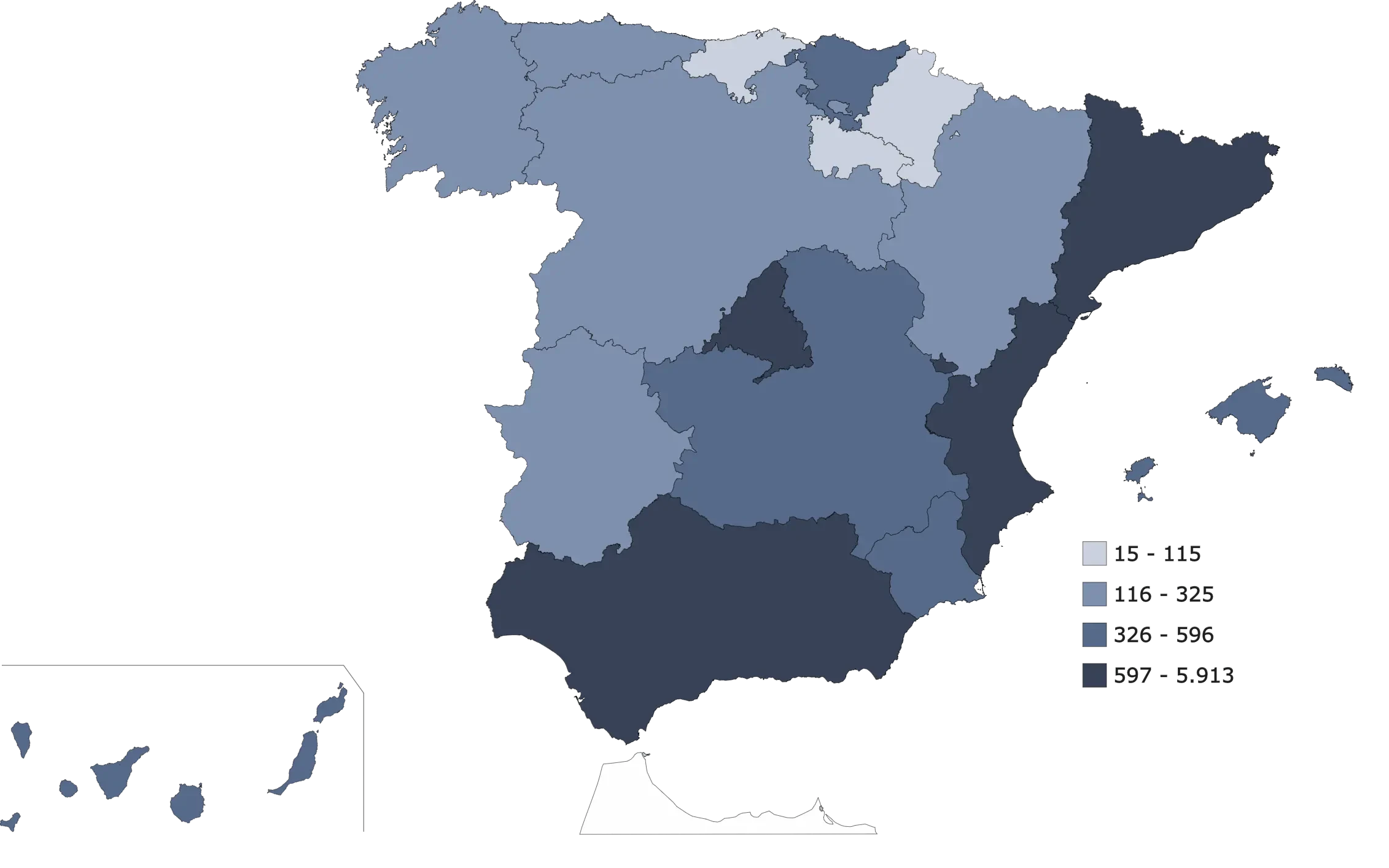 Mapa con el número de allanamientos de morada o usurpaciones en España en 2025